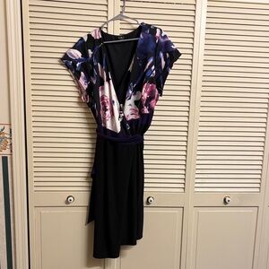 Igigi Black and Purple Floral Midi Wrap Dress